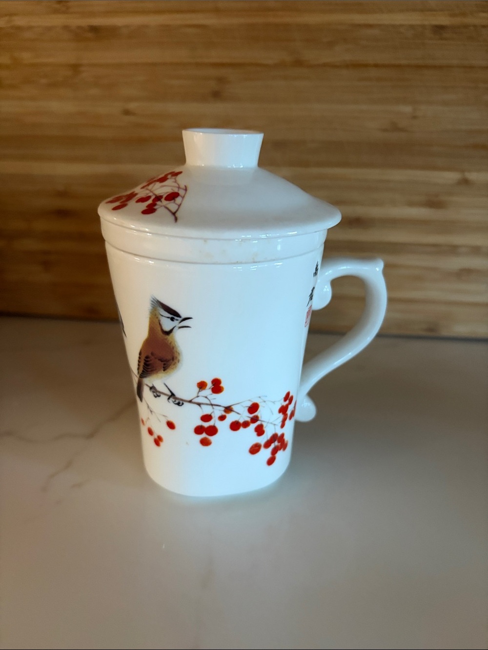 Teavana White Porcelain Mug with Red Berry &  Bird Design